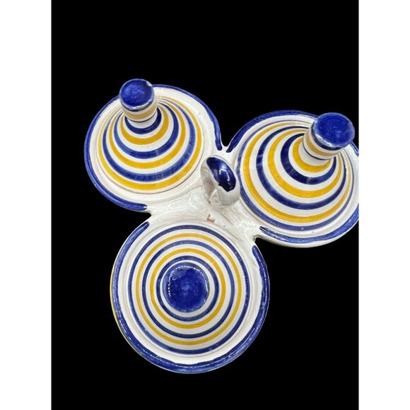 Moroccan Spice Tagine Trio Spice Holder Vintage Handmade Yellow and Blue Ceramic - Picture 7 of 8